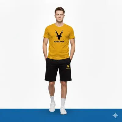 Men’s Markhor Signature Athleisure Set – Mustard Yellow Tee & Black Performance Shorts